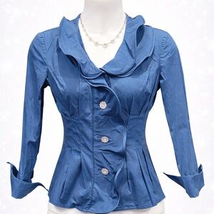 Samuel Dong Blue Sculptural Ruffle Blouse Rhinestone Buttons Cotton Stretch Sz S